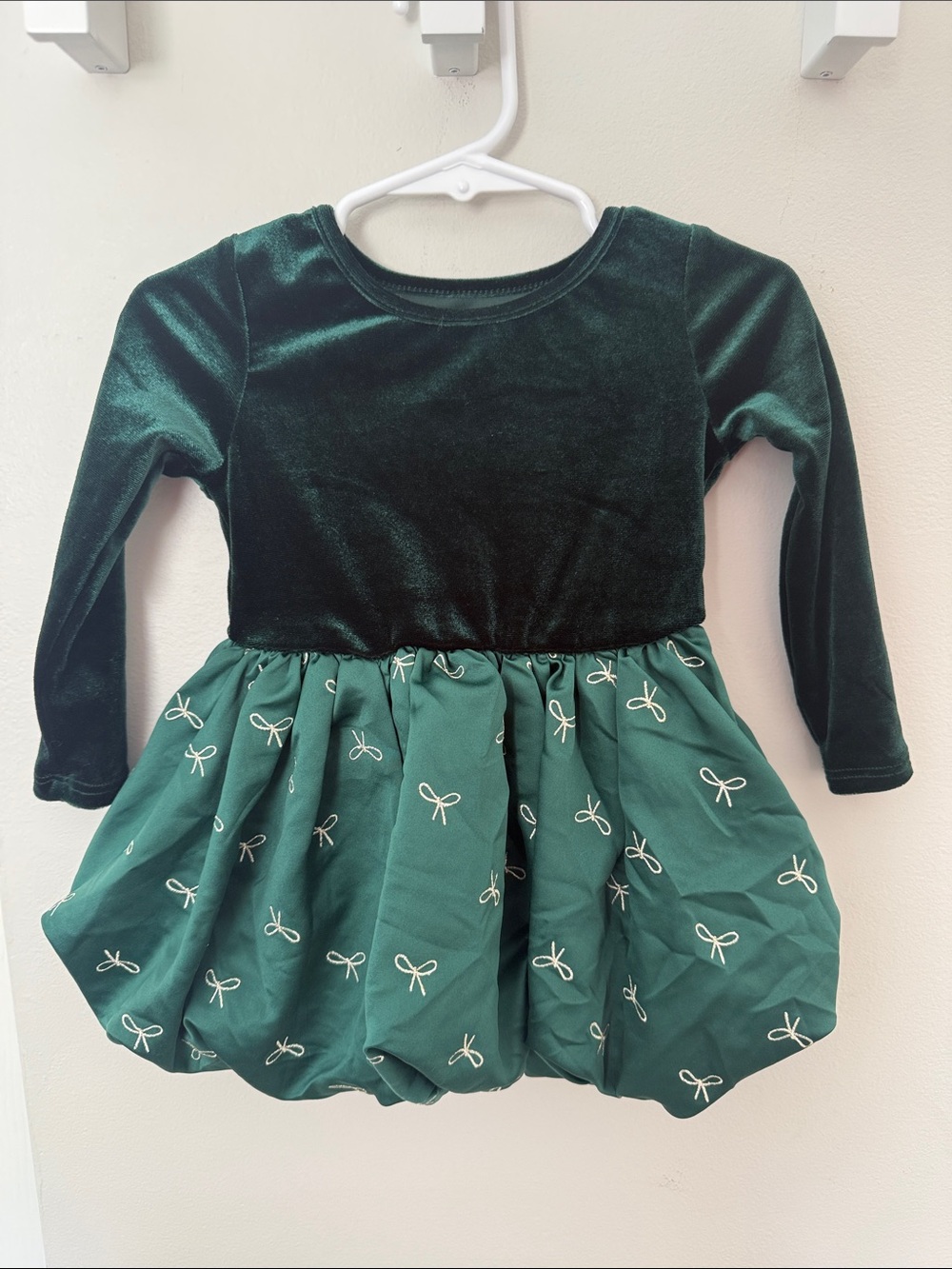 Audrey Camille Green Velvet & Bow Print Bubble Dress